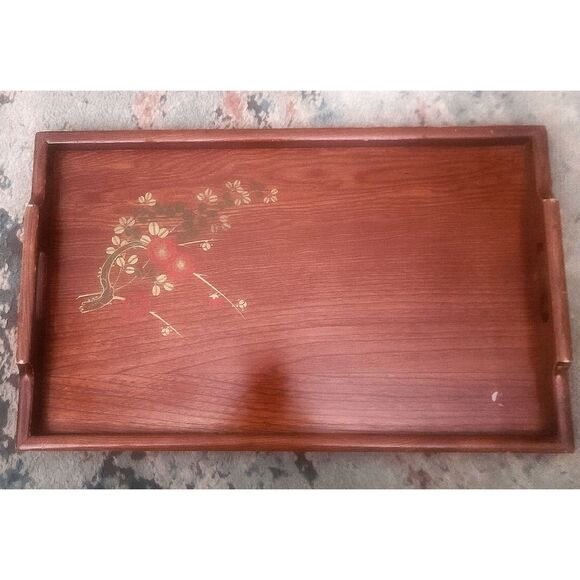 Japanese Vintage Lacquer Ware Wooden Rectangular Serving Tray & Orange Flowers - Picture 1 of 6
